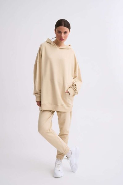 Organik Kapüşonlu Cepli Uzun Kollu Kadın Sweatshirt - Açık Bej Açık Bej - M