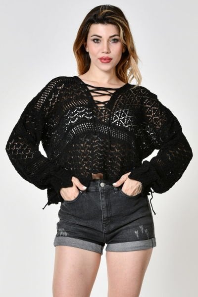Top Secret Çapraz İpli Yazlık Ajurlu Triko Kazak  - Siyah