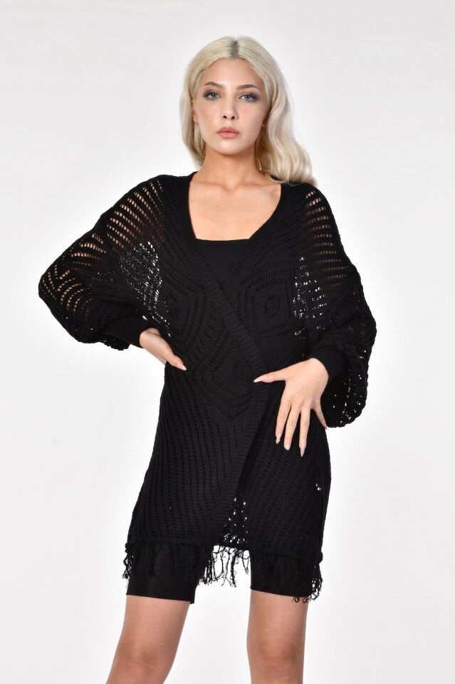 Top Secret Püsküllü Ajurlu Hırka  - Siyah