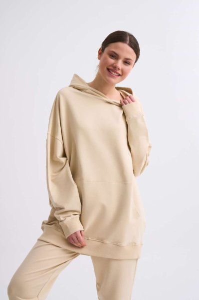 Organik Kapüşonlu Cepli Uzun Kollu Kadın Sweatshirt - Açık Bej Açık Bej - XS