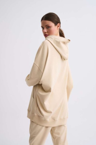 Organik Kapüşonlu Cepli Uzun Kollu Kadın Sweatshirt - Açık Bej Açık Bej - XS