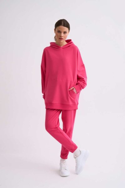 Organik Kapüşonlu Cepli Uzun Kollu Kadın Sweatshirt - Pembe Pembe - M