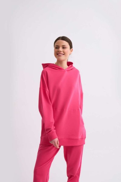 Organik Kapüşonlu Cepli Uzun Kollu Kadın Sweatshirt - Pembe Pembe - M