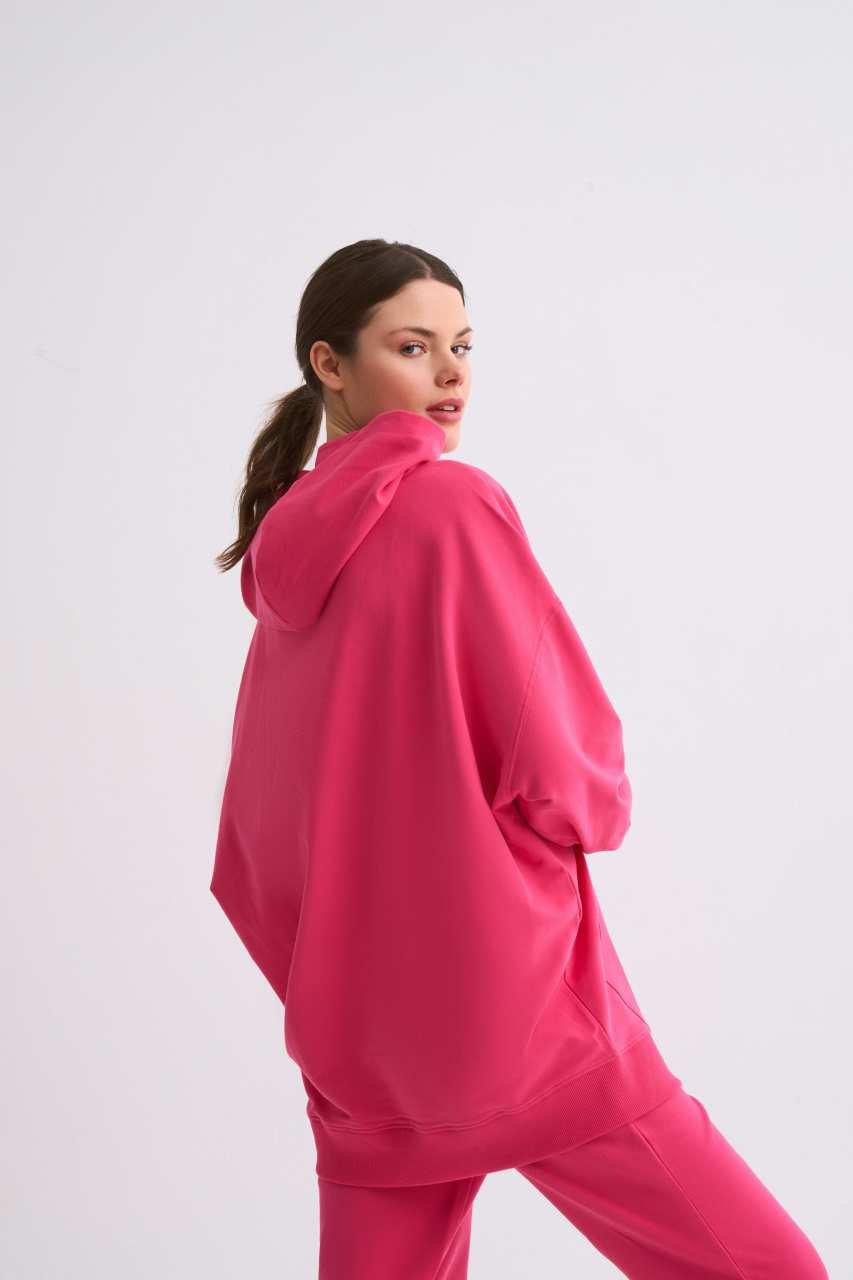 Organik Kapüşonlu Cepli Uzun Kollu Kadın Sweatshirt - Pembe Pembe - M