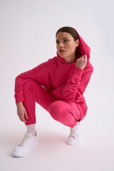 Organik Kapüşonlu Cepli Uzun Kollu Kadın Sweatshirt - Pembe Pembe - M