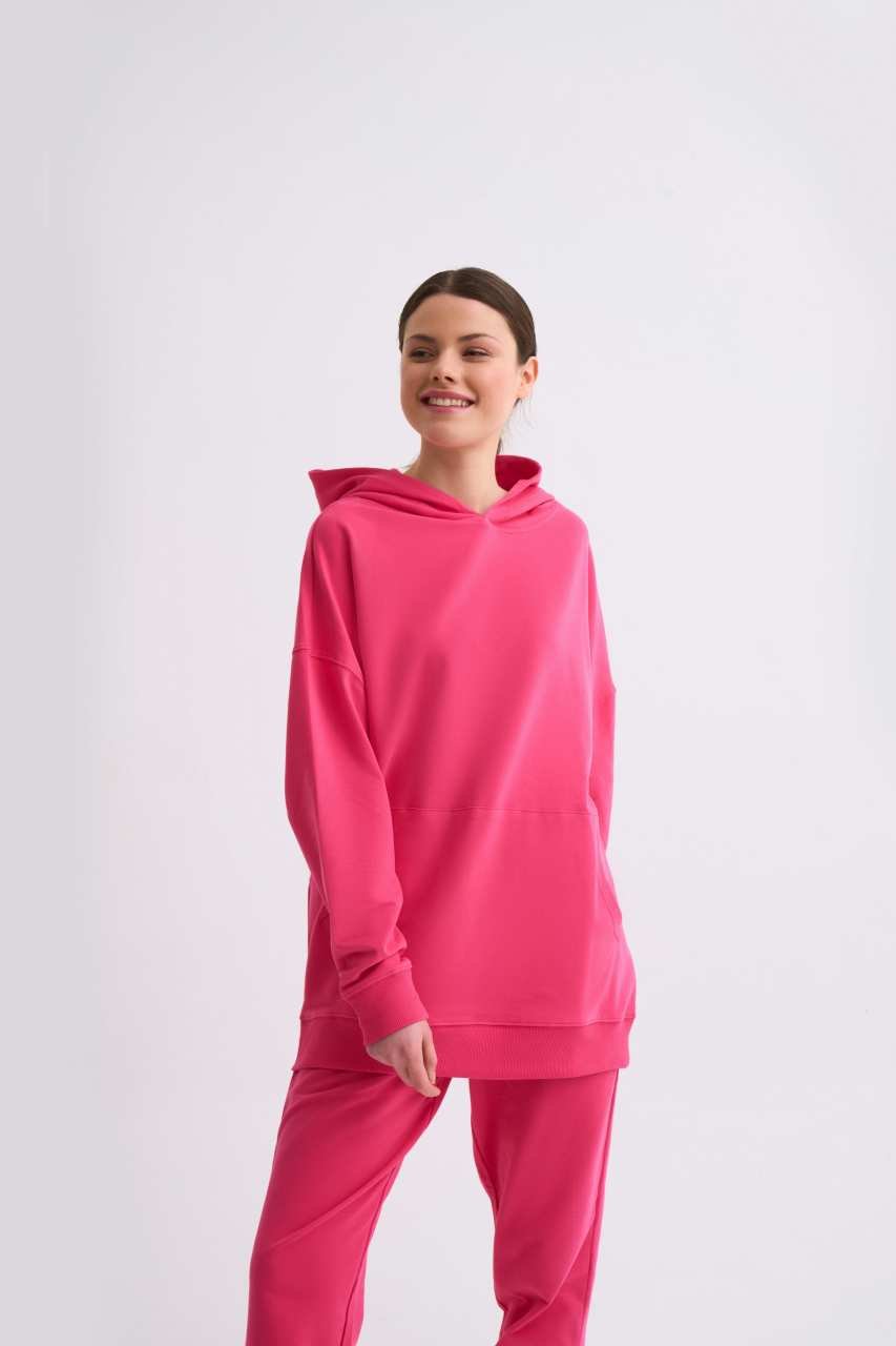 Organik Kapüşonlu Cepli Uzun Kollu Kadın Sweatshirt - Pembe Pembe - S