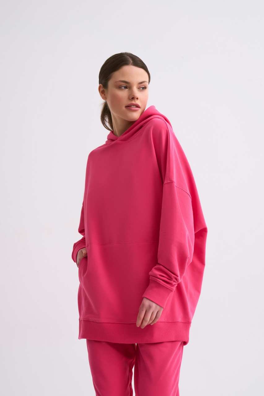 Organik Kapüşonlu Cepli Uzun Kollu Kadın Sweatshirt - Pembe Pembe - XL