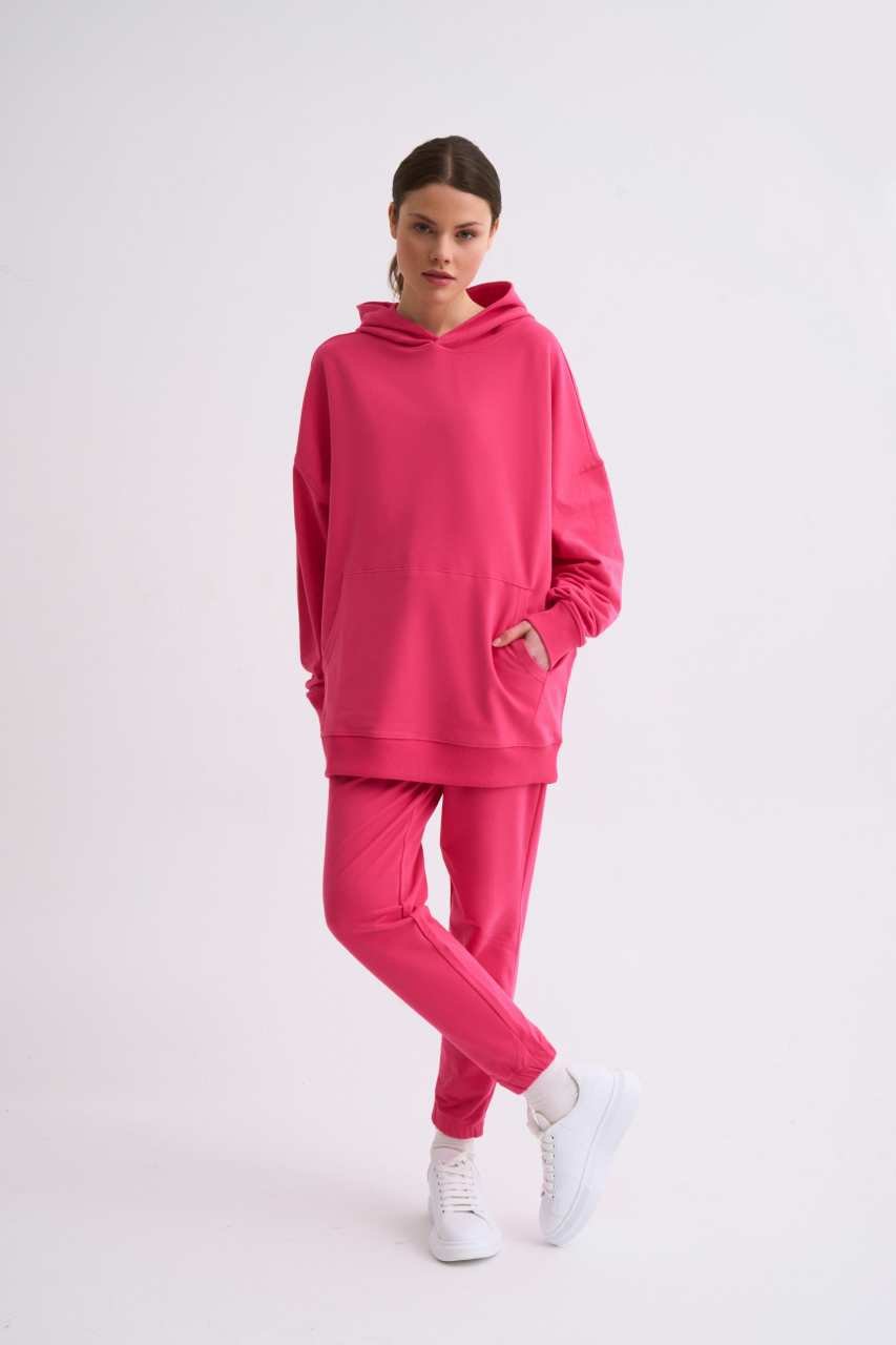 Organik Kapüşonlu Cepli Uzun Kollu Kadın Sweatshirt - Pembe Pembe - XS
