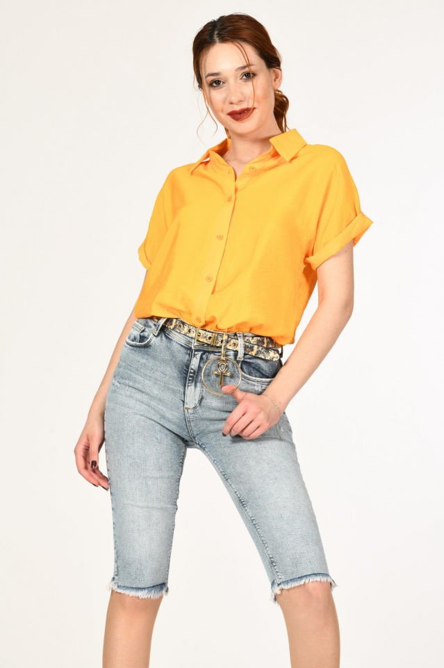 Miss Poem Düğmeli Katlanabilir Kısa Kol Kadın Yazlık Gömlek  - Mango