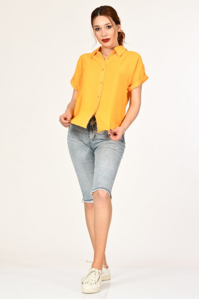 Miss Poem Düğmeli Katlanabilir Kısa Kol Kadın Yazlık Gömlek  - Mango