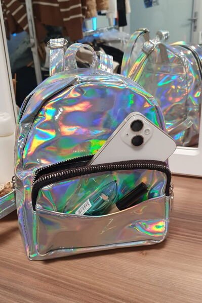 Hologram Fermuarlı Sırt Çantası - Küçük Boy - GÜMÜŞ