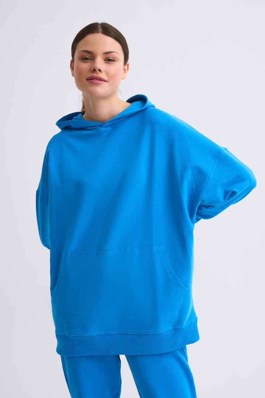 Organik Kapüşonlu Cepli Uzun Kollu Kadın Sweatshirt - Mavi Mavi - XS