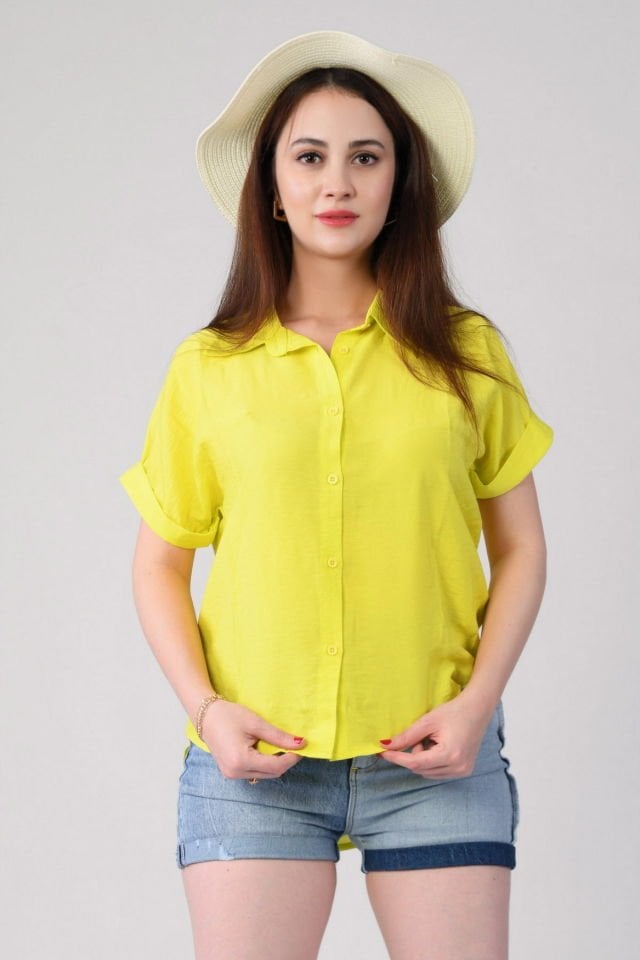 Miss Poem Düğmeli Katlanabilir Kısa Kol Kadın Yazlık Gömlek  - Limon