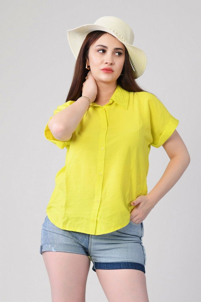 Miss Poem Düğmeli Katlanabilir Kısa Kol Kadın Yazlık Gömlek  - Limon