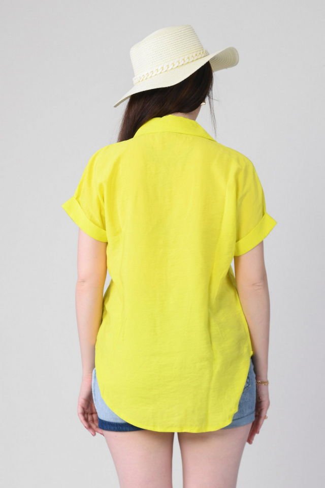 Miss Poem Düğmeli Katlanabilir Kısa Kol Kadın Yazlık Gömlek  - Limon