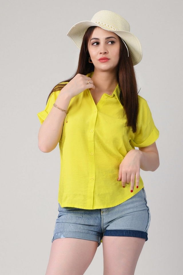 Miss Poem Düğmeli Katlanabilir Kısa Kol Kadın Yazlık Gömlek  - Limon