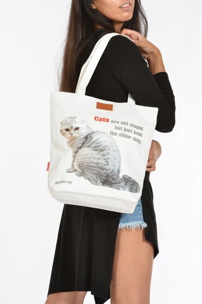 Kedi Baskılı Canvas Omuz Çantası - Orta Boy - BEYAZ