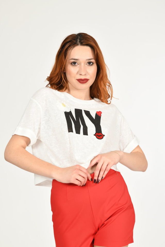 Miss Poem Yazılı Ve Desenli Kısa Kollu Tişört  - Ekru