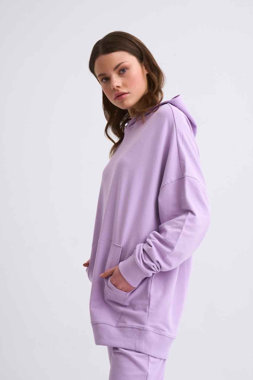 Organik Kapüşonlu Cepli Uzun Kollu Kadın Sweatshirt - Lila Lila - L