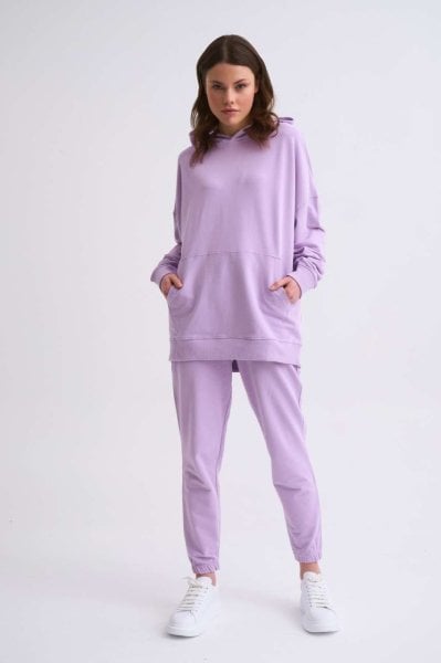 Organik Kapüşonlu Cepli Uzun Kollu Kadın Sweatshirt - Lila Lila - S