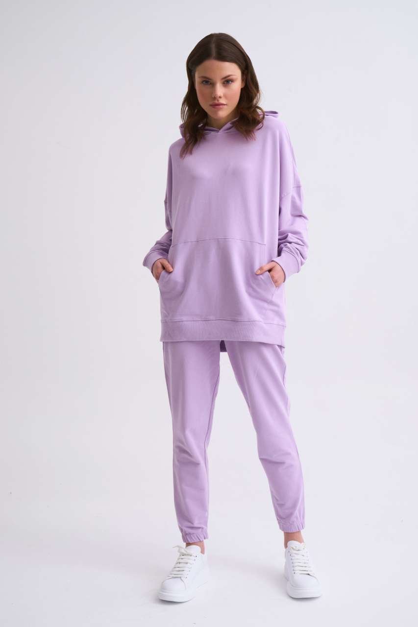 Organik Kapüşonlu Cepli Uzun Kollu Kadın Sweatshirt - Lila Lila - XL