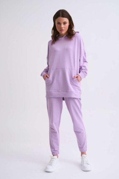 Organik Kapüşonlu Cepli Uzun Kollu Kadın Sweatshirt - Lila Lila - XL