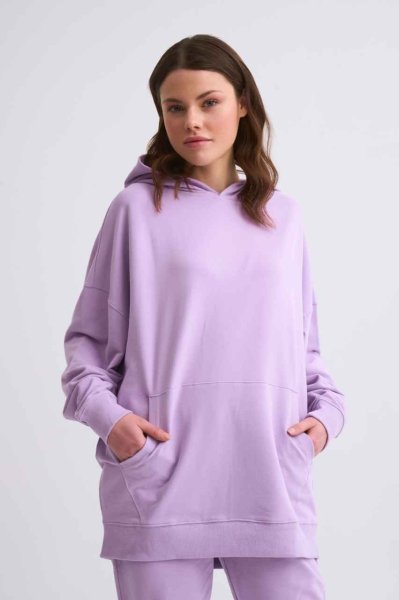 Organik Kapüşonlu Cepli Uzun Kollu Kadın Sweatshirt - Lila Lila - XL