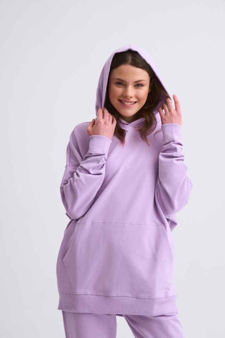 Organik Kapüşonlu Cepli Uzun Kollu Kadın Sweatshirt - Lila Lila - XL