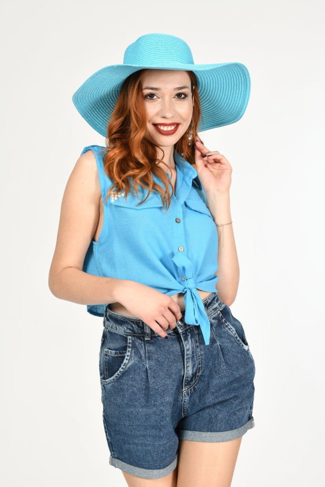 Miss Poem Kolsuz Kısa Keten Dokulu Bluz Gömlek  - Mavi