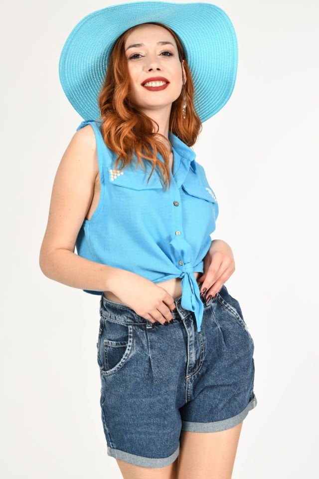 Miss Poem Kolsuz Kısa Keten Dokulu Bluz Gömlek  - Mavi