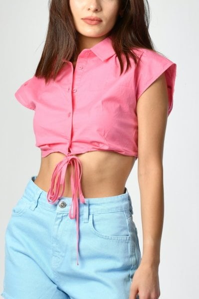 Quzu Crop Kolsuz Gömlek  - Pembe