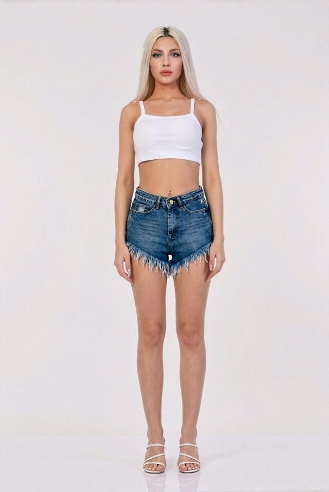 WhatsUp Yırtık Ve Saçaklı Yüksek Bel Denim Şort  - Mavi