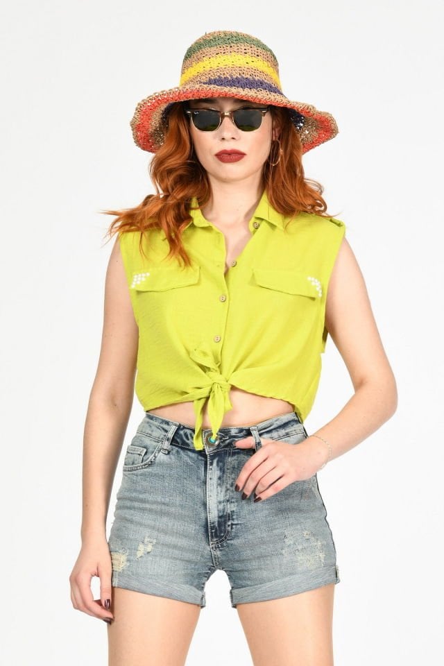 Miss Poem Kolsuz Kısa Keten Dokulu Bluz Gömlek  - Fıstık Yeşili