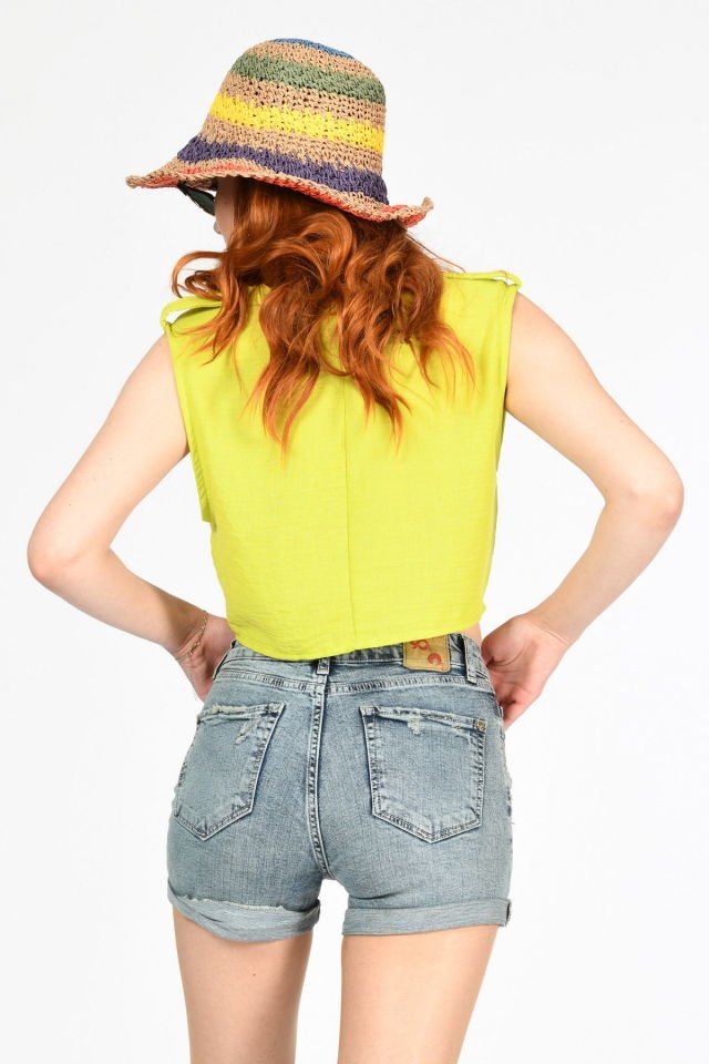 Miss Poem Kolsuz Kısa Keten Dokulu Bluz Gömlek  - Fıstık Yeşili