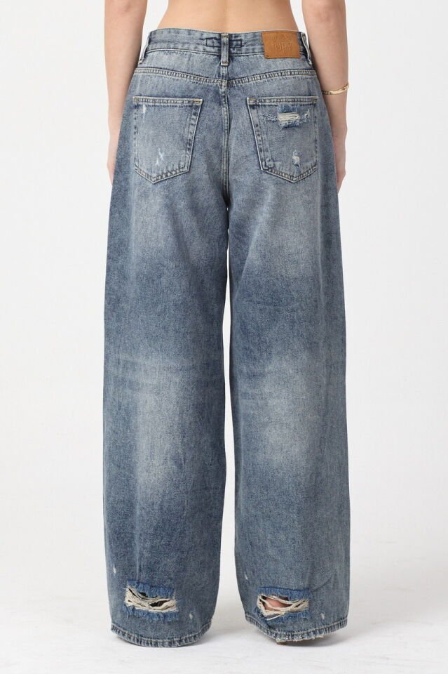 WhatsUp Asimetrik Bel Detaylı Yırtık Geniş Paça Jean Pantolon  - Mavi