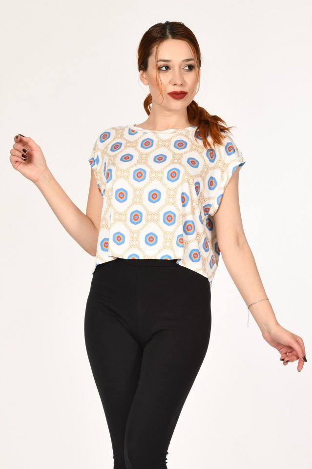 Miss Poem Desenli Kısa Kollu Bluz  - Beyaz