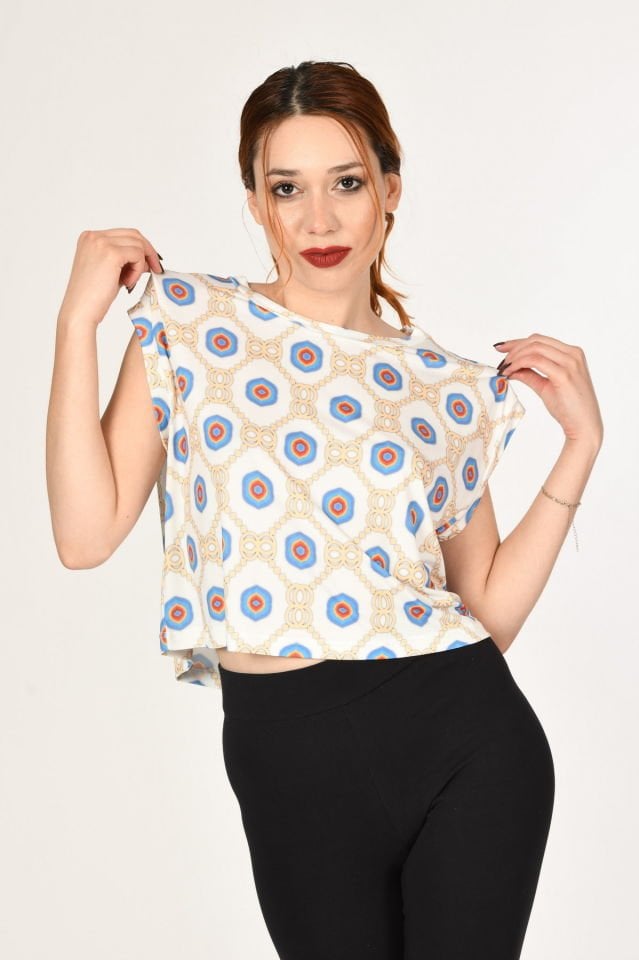 Miss Poem Desenli Kısa Kollu Bluz  - Beyaz