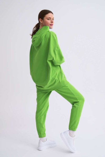 Organik Kapüşonlu Cepli Uzun Kollu Kadın Sweatshirt - Yeşil Yeşil - M