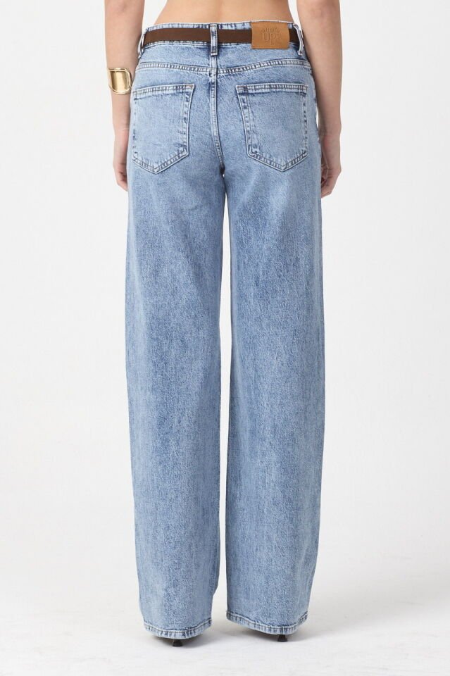 WhatsUp Kemerli Düşük Bel Geniş Paça Jean Pantolon  - Mavi