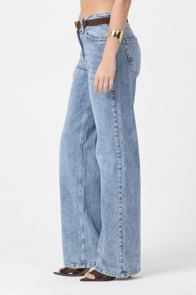 WhatsUp Kemerli Düşük Bel Geniş Paça Jean Pantolon  - Mavi