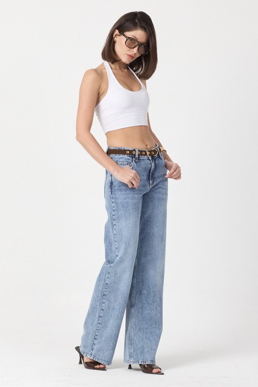 WhatsUp Kemerli Düşük Bel Geniş Paça Jean Pantolon  - Mavi