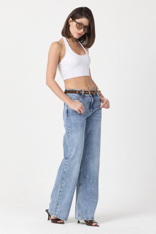 WhatsUp Kemerli Düşük Bel Geniş Paça Jean Pantolon  - Mavi