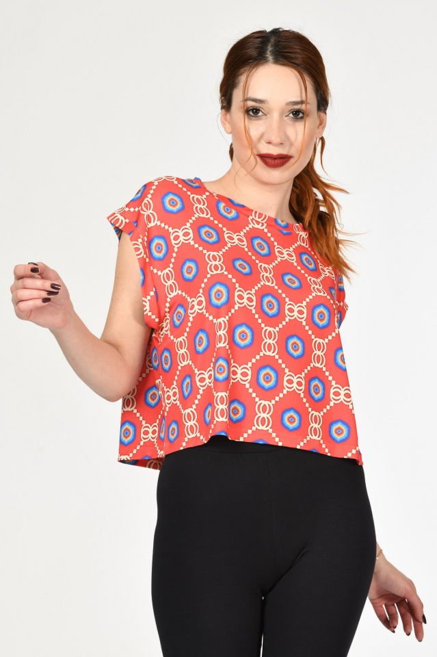 Miss Poem Desenli Kısa Kollu Bluz  - Kırmızı