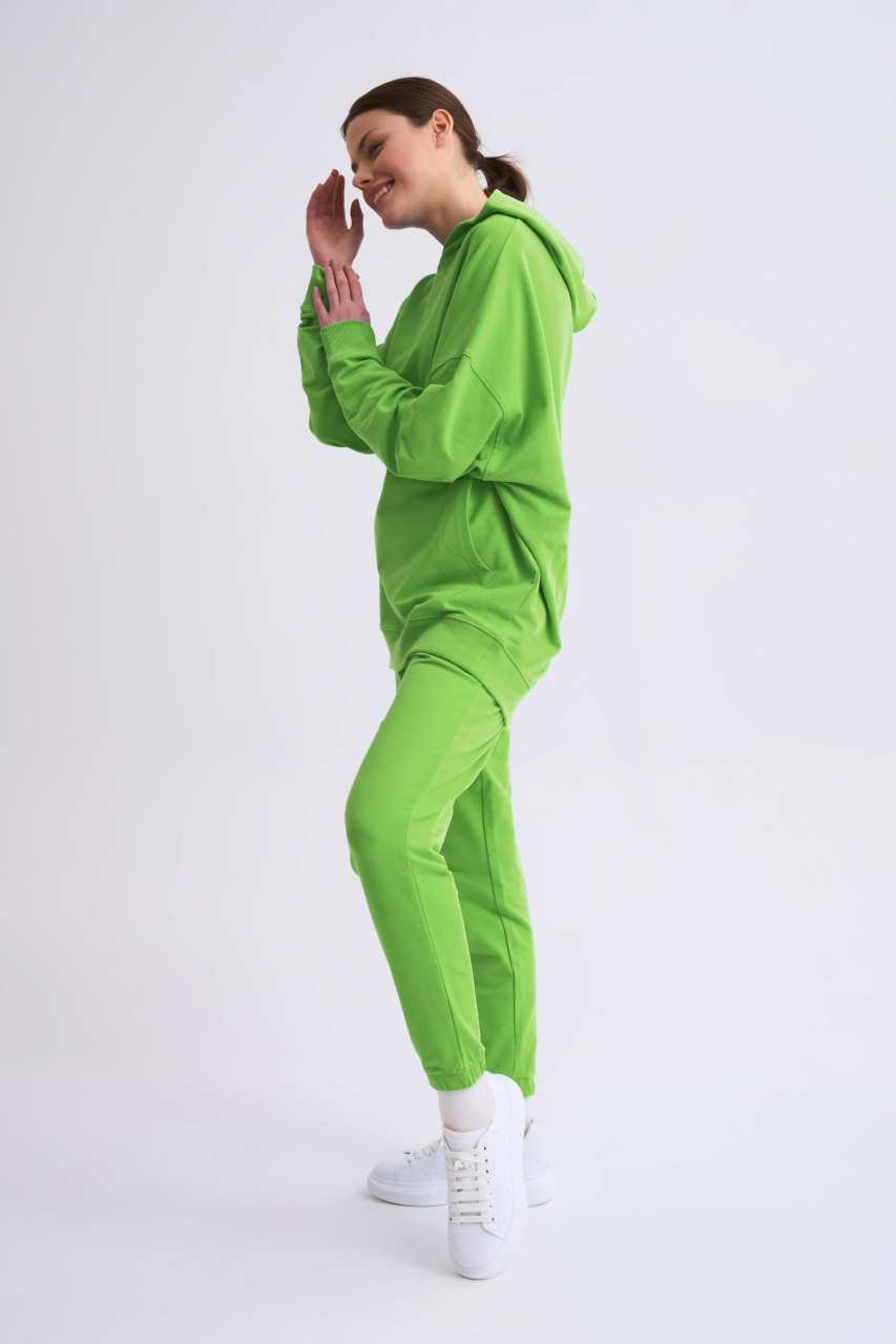 Organik Kapüşonlu Cepli Uzun Kollu Kadın Sweatshirt - Yeşil Yeşil - S