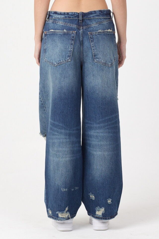 WhatsUp Çift Renk Detaylı Yırtık Geniş Paça Jean Pantolon  - Mavi