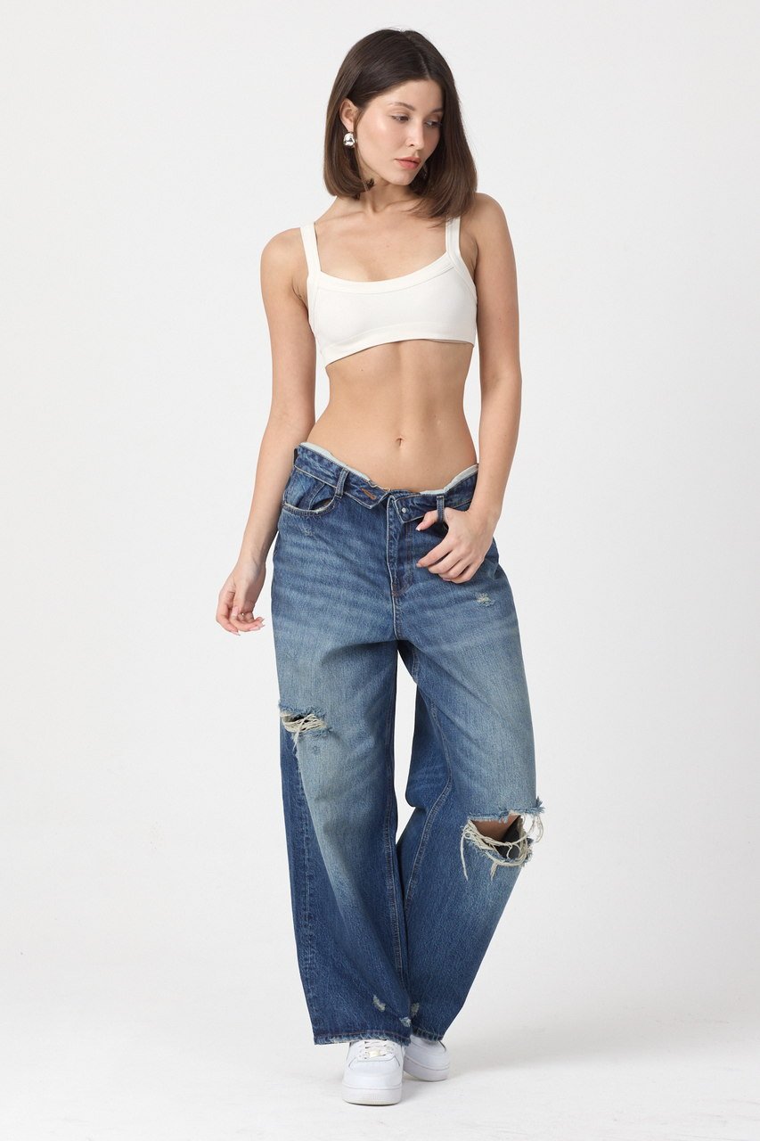WhatsUp Çift Renk Detaylı Yırtık Geniş Paça Jean Pantolon  - Mavi