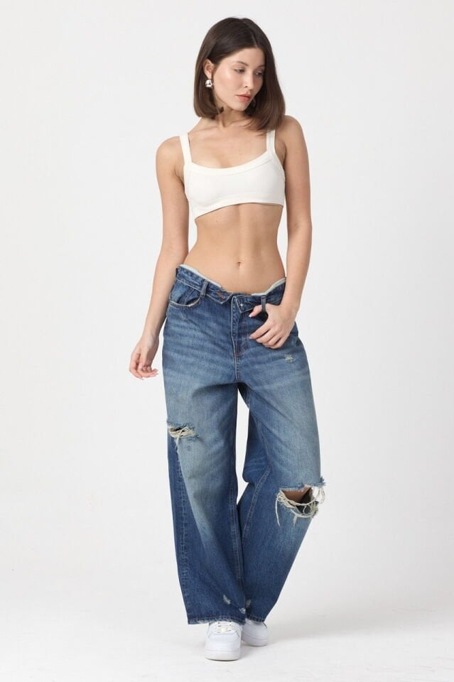 WhatsUp Çift Renk Detaylı Yırtık Geniş Paça Jean Pantolon  - Mavi