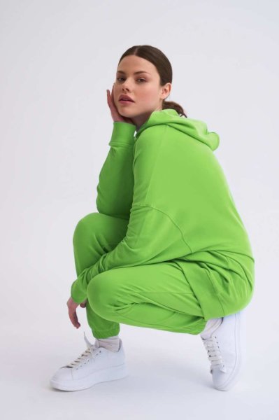 Organik Kapüşonlu Cepli Uzun Kollu Kadın Sweatshirt - Yeşil Yeşil - XL