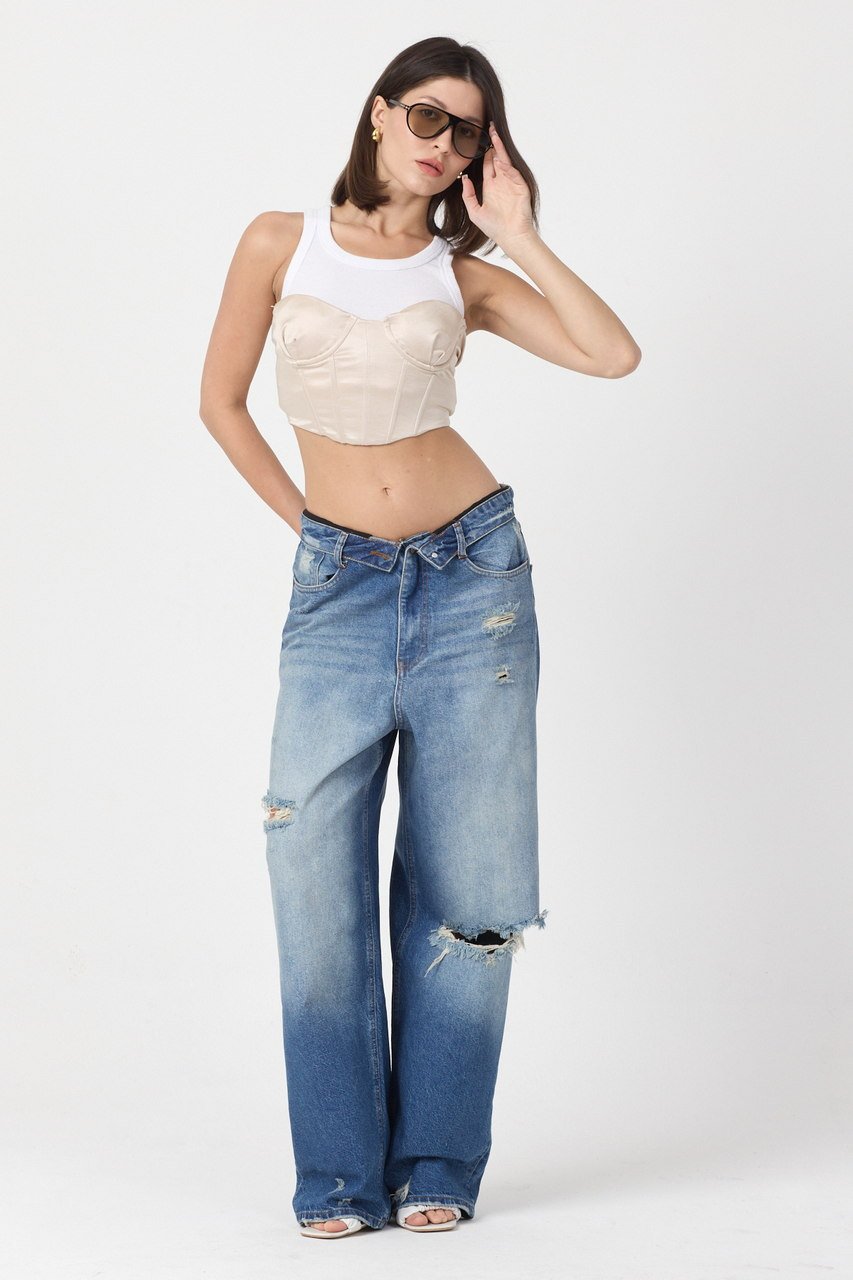 WhatsUp Çift Katmanlı Bel Detaylı Yırtık Geniş Paça Jean Pantolon  - Mavi