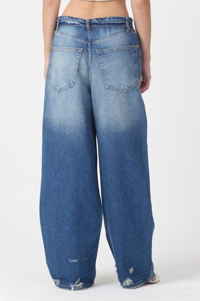WhatsUp Çift Katmanlı Bel Detaylı Yırtık Geniş Paça Jean Pantolon  - Mavi